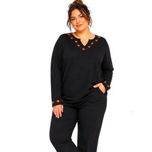 Designers Originals Womens Shirt Black Long Sleeve Pumpkin Embroidered Top  2x